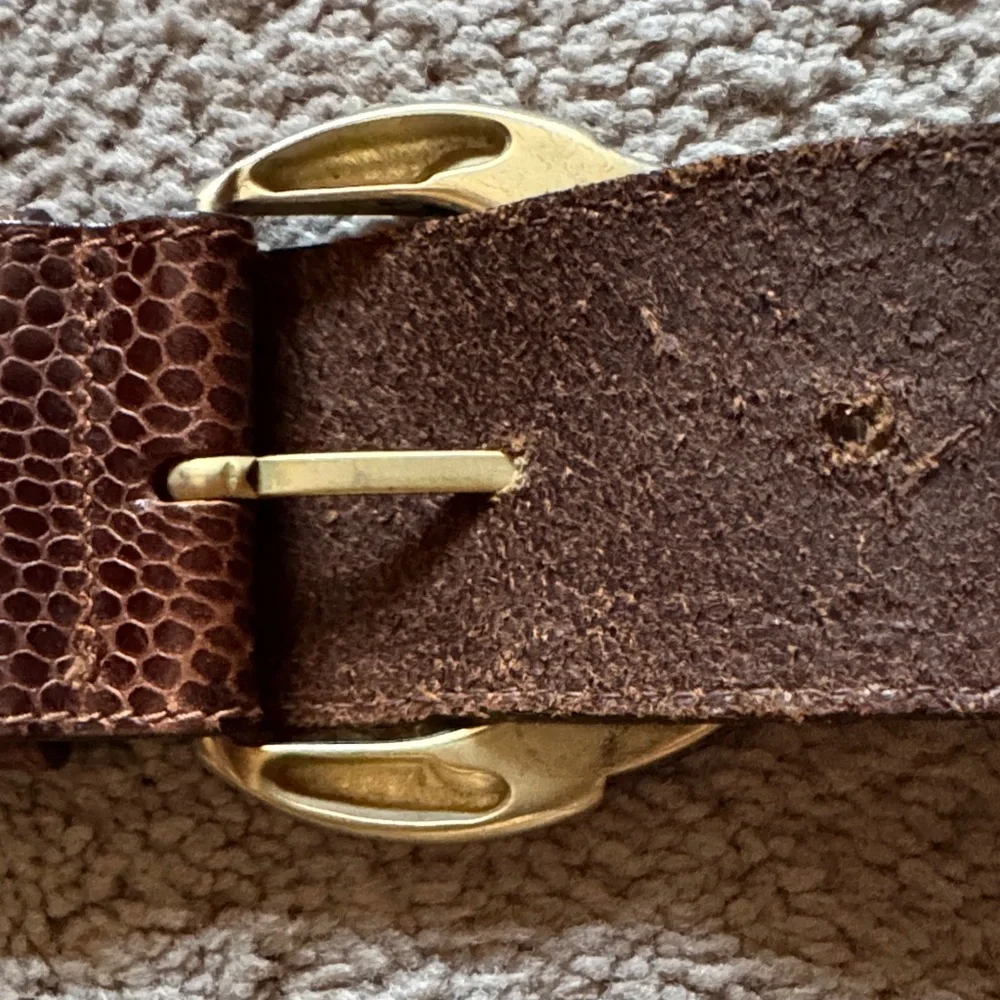 Vintage Cognac Wide Leather Belt with Snakeskin Pattern & Brass & leather Buckle
